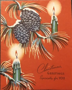 Vintage Weihnachtsgrußkarte hellgrüne Kerzen auf Tannenzweigen Tannenzapfen - Bild 1 von 3