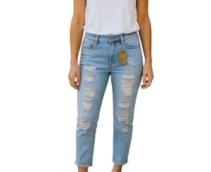 Almost Famous Jeans Size 7 32X27 Blue Boyfriend Distressed Ripped High Rise New - Picture 1 of 12