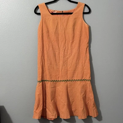 Vtg 60s Dress Orange Jumper Fritzi of California Mod Mini Green Trim Metal Zip - Image 1 of 4