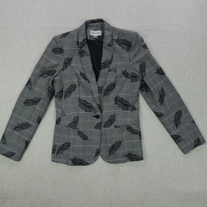 Calvin Klein Blazer Womens 6 Gray Plaid Feather Print Single Button Lined Jacket - Picture 1 of 15