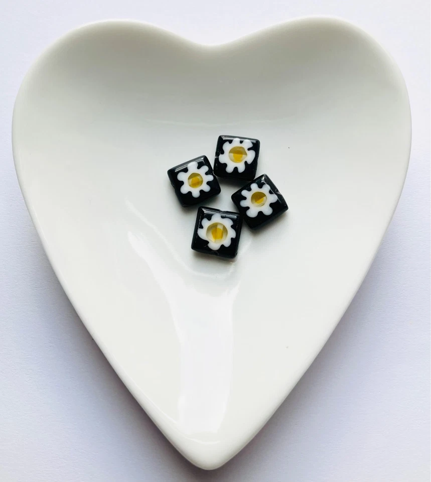 Stunning Black  Flat Squares Millefiori Handmade Bead 10mm 4 PCs 1 - Image 1 of 1