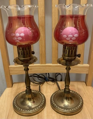2ct Set Vtg Brass Boudoir Mantle Lamp Cranberry Etched Cut To Clear Glass Shade - Image 1 of 4