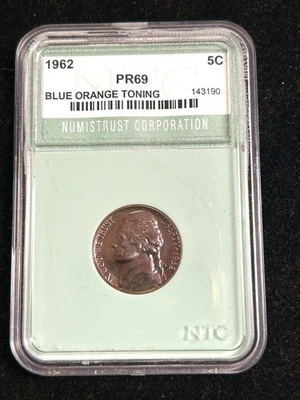 1962 Jefferson Nickel Blue Orange Toning - Numistrust Certified Proof - Image 1 of 4