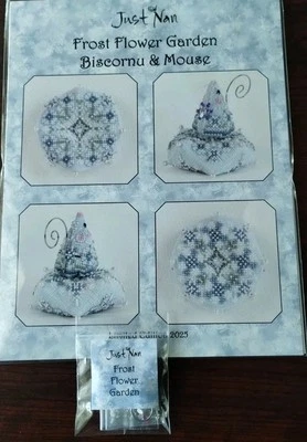 JUST NAN FROST FLOWER GARDEN BISCORNU & MOUSE CROSS STITCH CHART & EMB PACK - Image 1 of 2