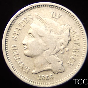 1866 THREE CENT NICKEL ~ BEAUTIFUL ORIGINAL COIN ~ 3c LIBERTY ~  TCC - Picture 1 of 4