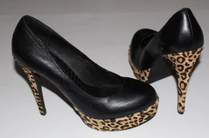 Matiko 7 Black Leather Leopard Calf Hair Platform Pump 5" Heel 1.25" Platform - Picture 1 of 8