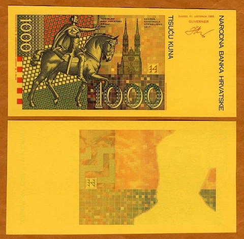 Croatia, 1000 Kuna, 1993, aUNC - First Issue - Printing Proof Cover
