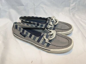 Sperry Top Sider LOUNGE AWAY Grey Canvas Blue Stripe Boat Shoes Women's Sz 7 M - Picture 1 of 7