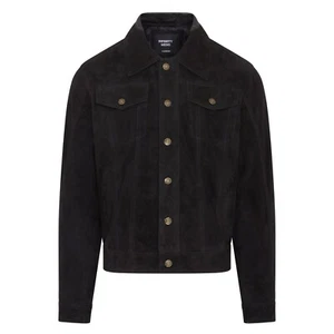 Hombre Negro Camionero Chaqueta de Cuero Cabra Ante Vaquero Estilo Camisa - Imagen 1 de 8