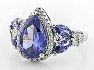 Ring; Tanzanite and Diamond Simulant w/ Rhodium over Sterling Silver Sz 7 3/4 - Picture 1 of 4