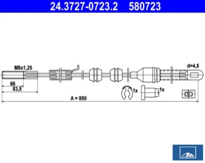 ATE 24.3727-0723.2 Cable, Freno Estacionamiento 850MM para Opel Ascona C Cc - Imagen 1 de 4