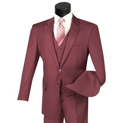 VINCI Men's Burgundy 3-Piece 2-Button Classic-Fit Suit - NEW - Image 1 of 3