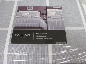 New TAHARI 3pc Cotton White Navy Blue Plaid Checked Duvet Set - King  - Picture 1 of 3