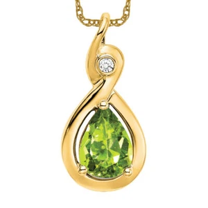 14K Solid Yellow Gold Pear Peridot Diamond Necklace - Picture 1 of 3