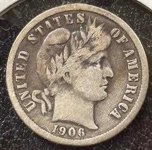 Moneda de diez centavos de barbero 1906 90 % plata 10 c en muy buen estado - Imagen 1 de 6