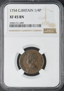1754 Great Britain 1/4 Penny Farthing - NGC XF45 BN - ✪COINGIANTS✪ - Picture 1 of 2