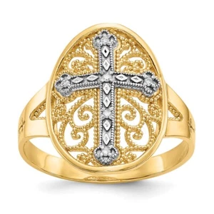 14k Two-Tone Gold Diamond Filigree Cross Engagement Ring for Women Size 7.5 - Picture 1 of 6