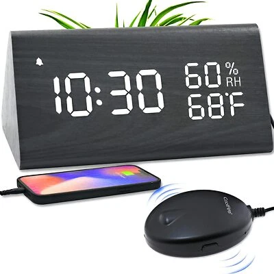 CoolFire Wooden Digital Alarm Clock w/ Vibrator Bed Shaker for Heavy Sleeper - Image 1 of 4