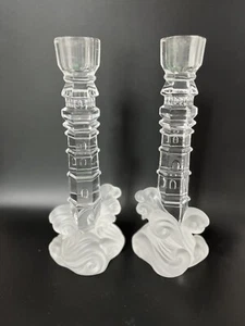 Lenox Crystal Lighthouse Candlesticks SET/2 Tower Frosted Wave Base 9.25"H Ocean - Picture 1 of 4
