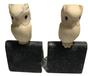 Vintage Alabaster Marble Bookend Hand Carved Owl with Glass Eyes Read Descript - Picture 1 of 20