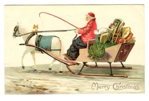 Christmas Santa Postcard Sleigh White Horse Drawn 1910 Germany - Picture 1 of 2