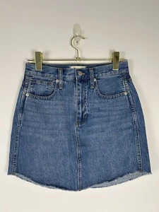 Madewell Mini Skirt Womens 25 Blue Rigid Denim A-Line Cotton NWT Raw Hem Curve - Picture 1 of 7