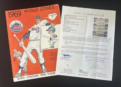 1969 NY Mets TEAM SIGNED World Series Program 19 sigs JSA w/Shea Stadium Grass! - Image 1 of 4