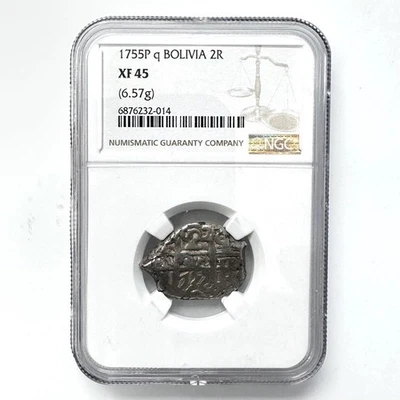 BOLIVIA, 1755 P q 2 REALES (6.57g) SILVER COB COIN Spanish Colony NGC XF45 - Image 1 of 2