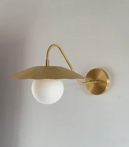 Modern Brass Wall Sconce Light with Leaf Shade | Mid Century Gold Wall Lamp Fixt - Picture 1 of 6