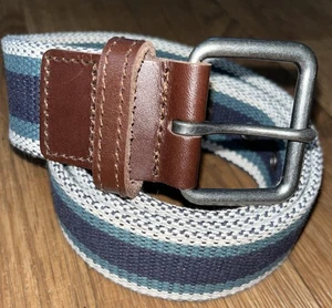 Fat Face Belt Leather Trim Fabric Webbing Classic Brushed Silver Striped - Picture 1 of 6