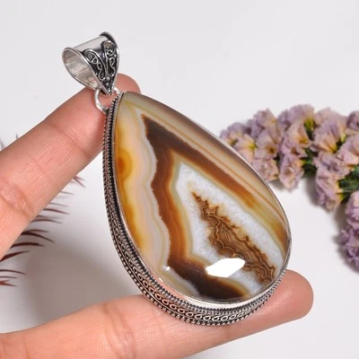 Braune Botswana Achat Edelstein Vintage Handmade 925 Silber Anhänger 3 " Kar _ - Bild 1 von 4