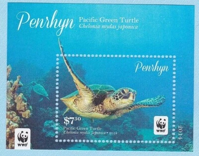 PACIFIC GREEN SEA TURTLE STAMP 2014 PENRHYN MINI SHEET $7.50 POSTAGE WWF LOGO - Image 1 of 2