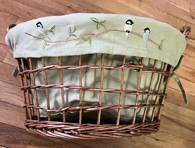 Boho Style Round Wicker Laundry Basket W/ Embroidered Perched Birds Cotton Liner - Image 1 of 4