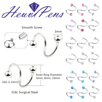 6pc Opal Steel Twist Ear Stud Spiral Lip Eyebrow Ring Internal Thread Piercing Foto 1 de 4