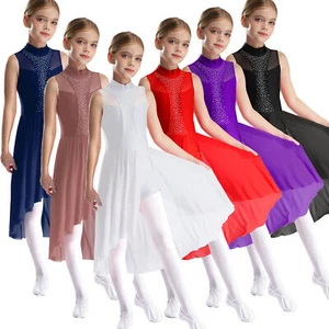 Girls Rhinestone Sleeveless Stage Performance Costume Ballet Ice Skating Skirted - Picture 1 of 82
