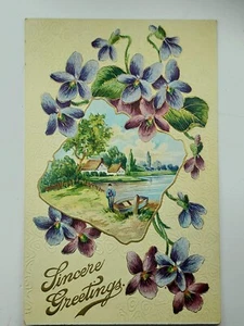 VTG Postcard Violets Gold Trim Embossed Cottage Lake Boat Sincere Greetings - Picture 1 of 2