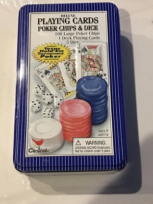 CARDINAL DELUXE PLAYING CARDS, POKER CHIPS AND DICE WITH COLLECTORS TIN - Image 1 of 2