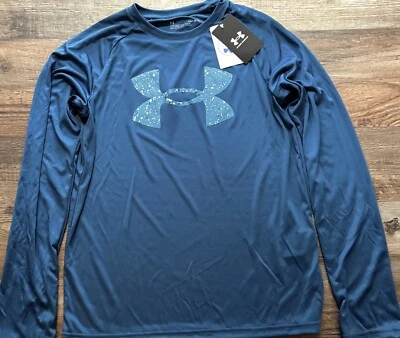 NWT Under Armour YXL Boys Steel Blue/Lt Blue Splatter LOGO L/S HeatGear Shirt XL - Image 1 of 2