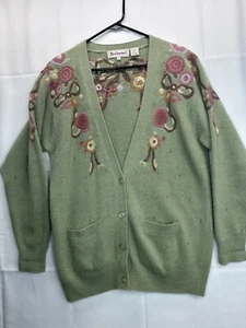Vtg Bechamel 80s Angora Lambswool Cardigan Sweater Green Embroidered Floral - Picture 1 of 10