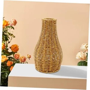 Glass Flower Vase with Rattan Cover, Boho Style Flower Vase L: 13.77x7.48 inch - Picture 1 of 6