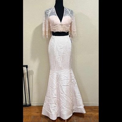 Sherri Hill 50877 blush pink mermaid lace bell sleeve mikado skirt gown NEW 2 - Image 1 of 4