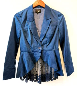Just Cavalli by Roberto Cavalli Y2K Blue Lace Trim Satin Peplum Blazer Jacket S - Picture 1 of 7