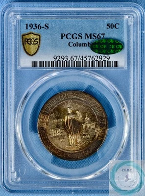 1936-S Columbia Commemorative 50c PCGS MS67 w/CAC - Tab Toner - Image 1 of 4