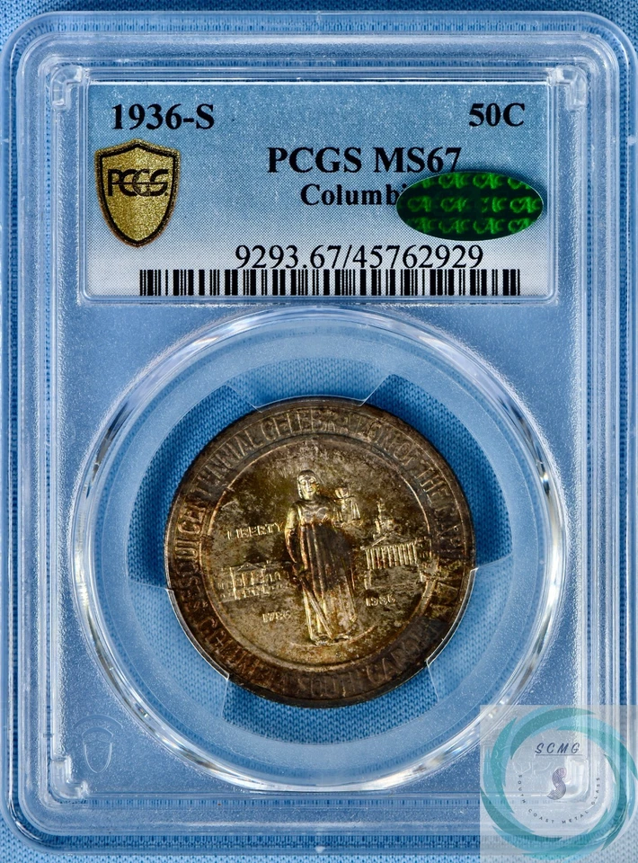 1936-S Columbia Commemorative 50c PCGS MS67 w/CAC - Tab Toner - Image 1 of 4