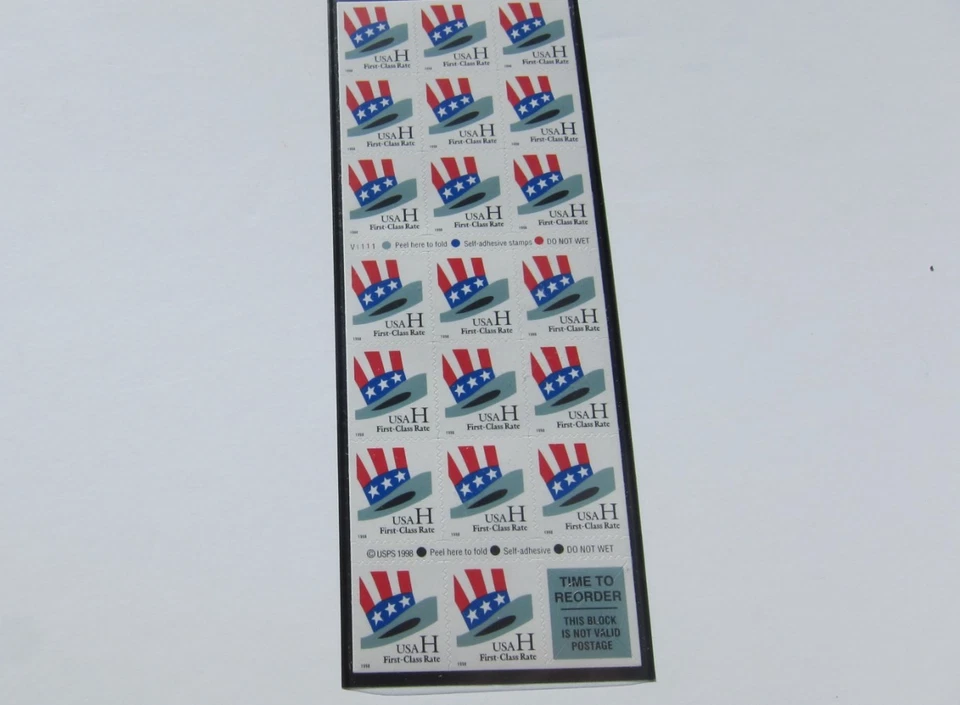 USPS 1998 "H" Uncle Sam's Hat Booklet Pane of twenty 33c Stamps. Scott # 3268c. - Image 1 of 1