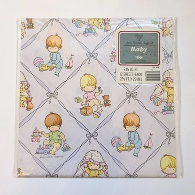 Vintage 70s Hallmark Joan Walsh Anglund Baby Girl & Boy Wrapping Paper Pink - Image 1 of 4