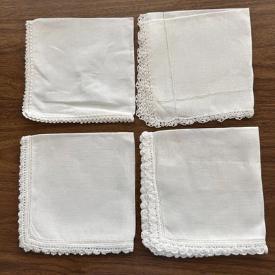 Lote 4 servilletas de cóctel 11 x 11 vintage lino blanco con bordes de ganchillo Foto 1 de 3
