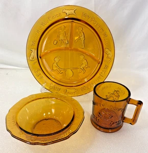 Vintage Tiara Glass Amber Nursery Rhyme Children's Embossed 3 Piece Dish Set - Picture 1 of 11