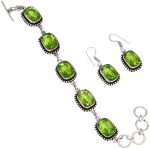 Pulsera y pendiente de joyería de piedras preciosas de cuarzo peridoto 7-8"" - Imagen 1 de 7