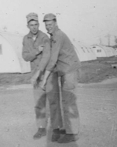 Handsome Handsome Men Standing Military Uniforms Barracks Background 1940s - Picture 1 of 3
